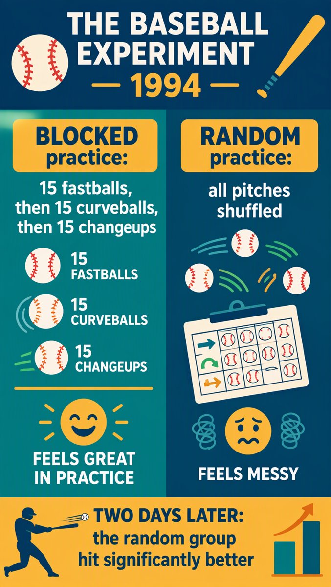 Baseball experiment card — blocked vs random practice
