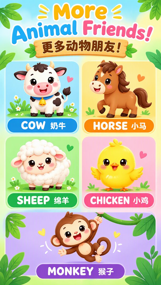 More animals grid — cow, horse, sheep, chicken, monkey