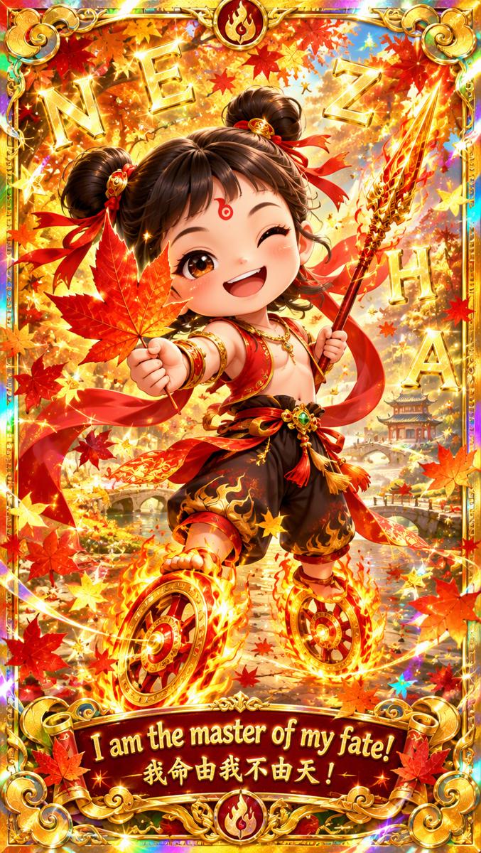 Bonus collectible card — Nezha holding a maple leaf