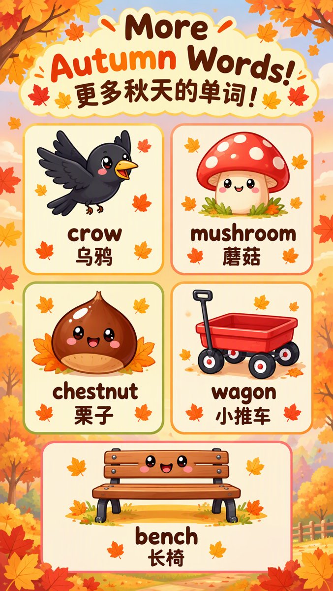 More Autumn Words grid — crow, mushroom, chestnut, wagon, bench