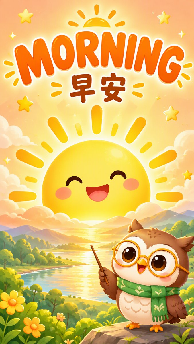 Hero greeting 1 — good morning 早安 word card with kawaii sun and Ollie