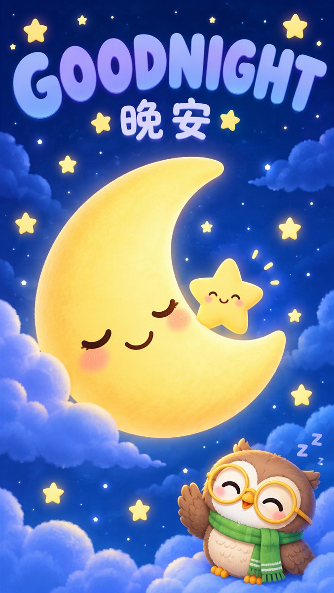 Hero greeting 2 — goodnight 晚安 word card with kawaii moon and sleepy Ollie