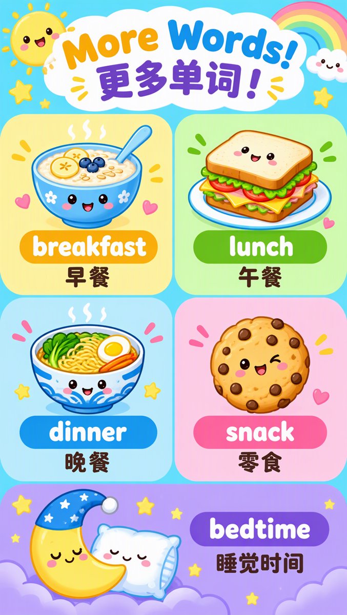 More words grid — breakfast lunch dinner snack bedtime with cute icons