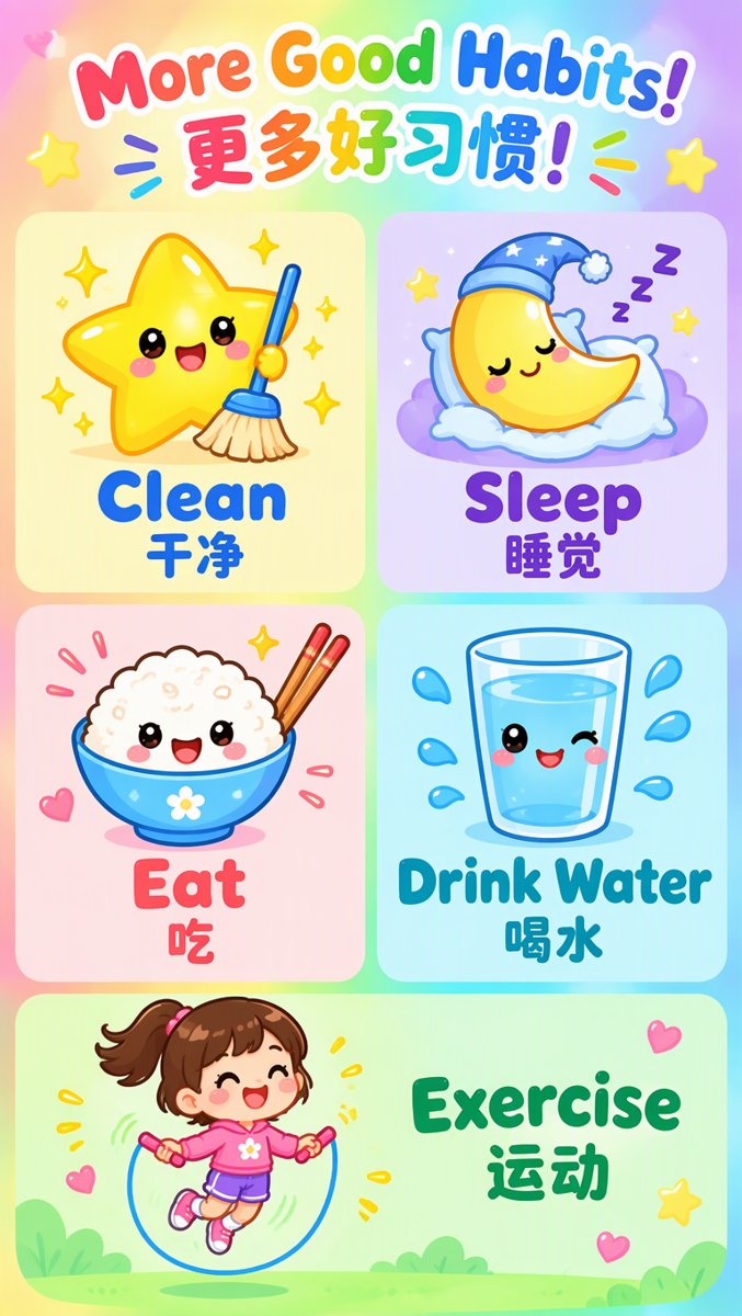 More words grid — Clean, Sleep, Eat, Drink water, Exercise