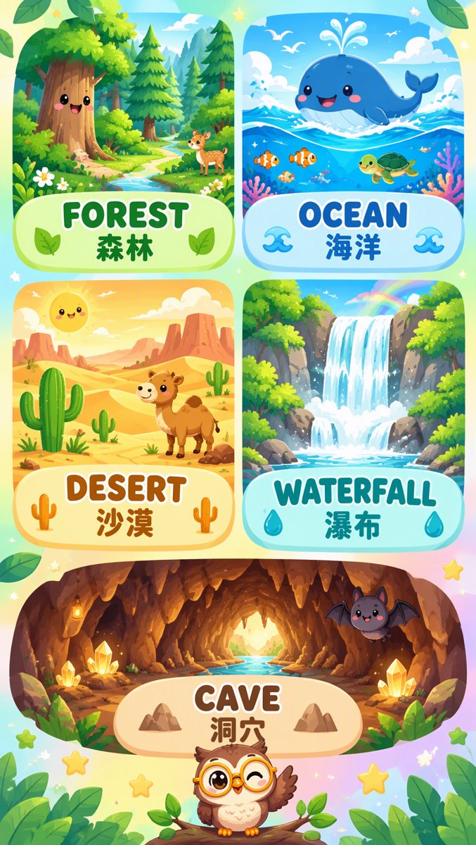 More nature words grid — forest, ocean, desert, waterfall, cave