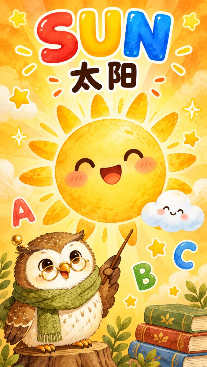 Hero word 1: sun 太阳 word card