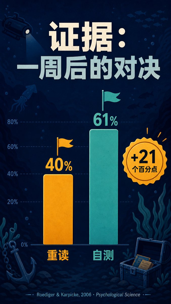 证据卡片——自测组61%对重读组40%的对比柱状图