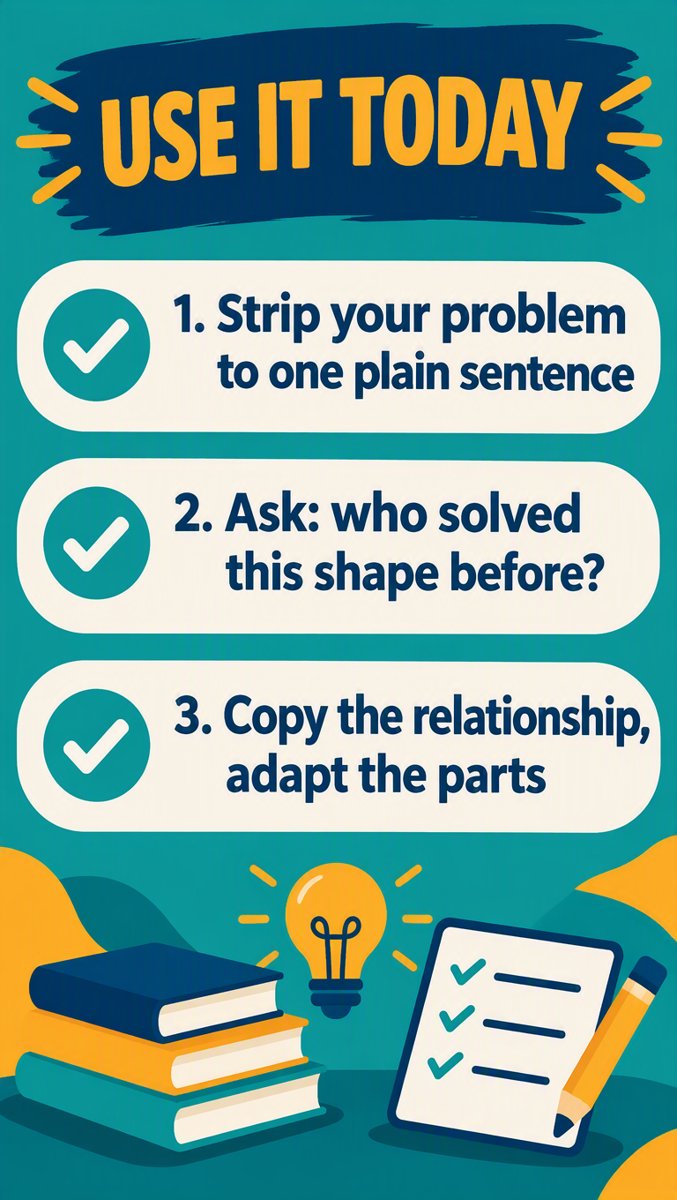 Use it today — strip the problem, find who solved its shape, copy the relationship