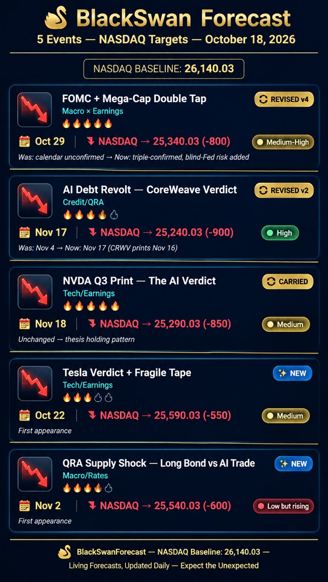 Infographic: BlackSwan Forecast October 18 2026 โ five event cards with exact dates and NASDAQ targets, three revised and two new