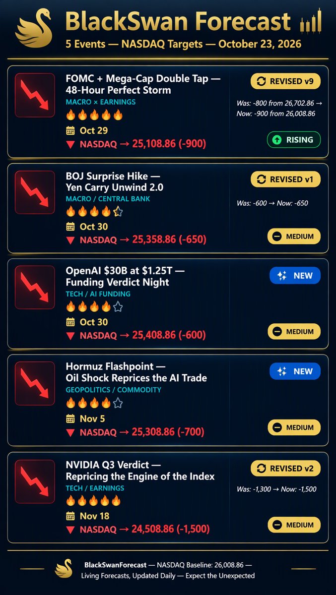 Forecast infographic โ five black swan forecasts with exact dates, NASDAQ point targets and revision badges against the 26,008.86 baseline