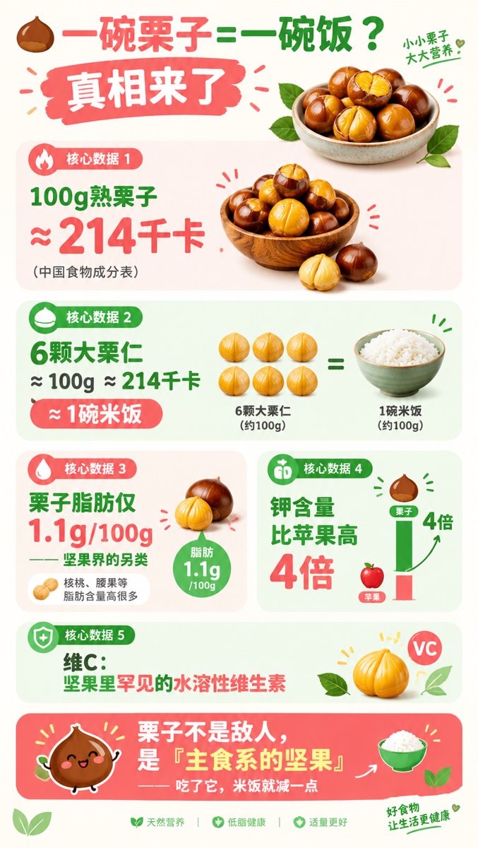 信息图:一碗栗子=一碗饭?热量真相大起底——100g熟栗子约214千卡(中国食物成分表)、6颗大栗仁约100g约一碗米饭、脂肪仅1.1g/100g坚果界另类、钾比苹果高4倍、维C坚果里罕见、结论「栗子不是敌人是主食系的坚果」