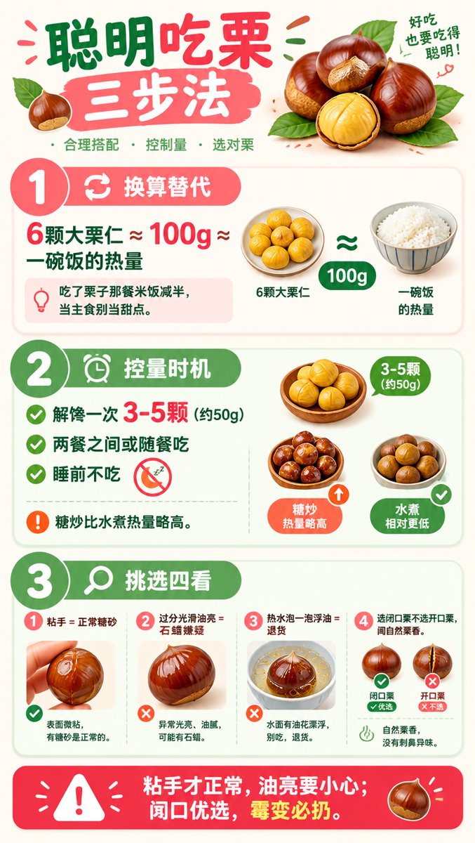 信息图:聪明吃栗三步法——第一步换算替代(6颗大栗仁约100g约一碗饭热量吃了栗子那餐米饭减半当主食别当甜点)、第二步控量时机(一次3-5颗约50g两餐之间或随餐睡前不吃)、第三步挑选四看(粘手正常/过分油亮警惕石蜡/热水泡浮油退货/优选闭口栗),底部红框警告「粘手才正常油亮要小心闭口优选霉变必扔」