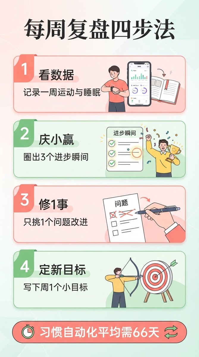 每周复盘四步法信息图:看数据、庆小赢、修1事、定新目标,标注习惯自动化平均需66天