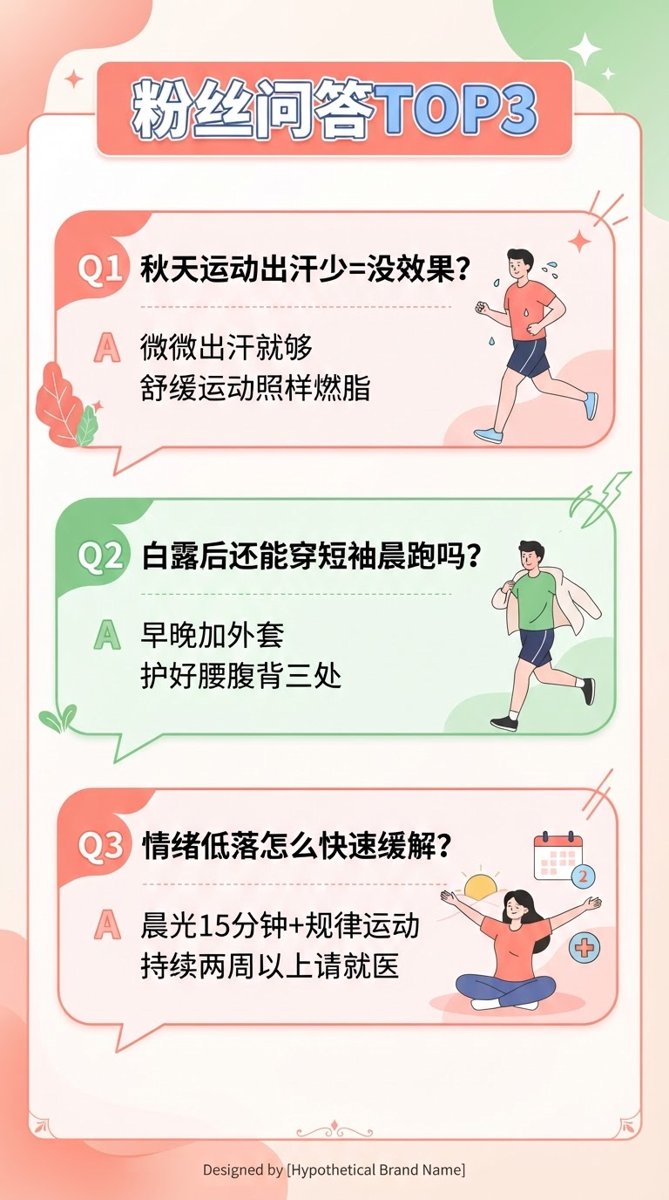 粉丝问答TOP3信息图:出汗少不等于没效果、白露三不露、情绪低落急救法三张问答卡片