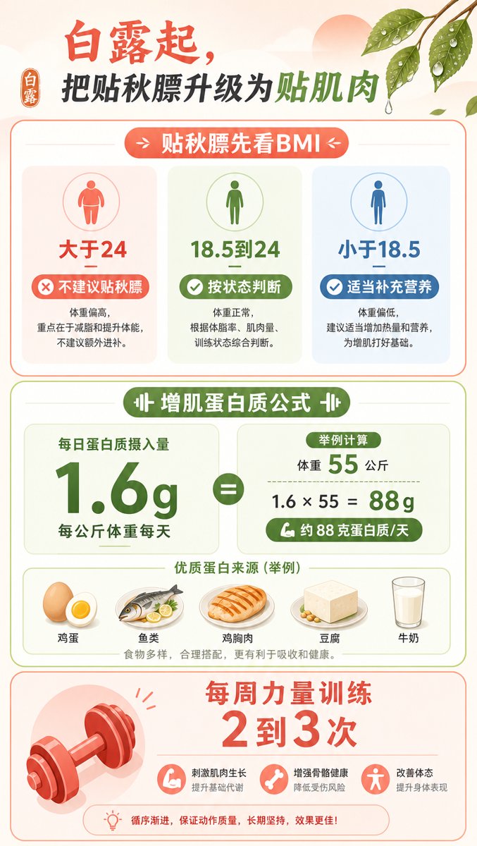 白露贴肌肉信息图:BMI大于24不建议贴秋膘、18.5到24按状态判断、小于18.5适当补充营养;增肌蛋白质公式每公斤1.6克,55公斤约88克;每周力量训练2到3次