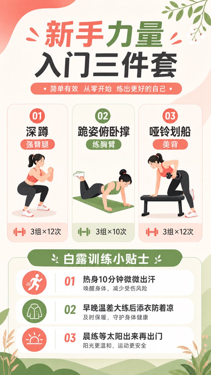 新手力量入门三件套信息图:深蹲强臀腿3组12次、跪姿俯卧撑练胸臂3组10次、哑铃划船美背3组12次;白露小贴士:热身10分钟、练后添衣防着凉、晨练等太阳出来