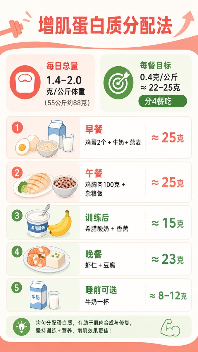 增肌蛋白质分配法信息图:每日总量1.4-2.0克每公斤体重,每餐0.4克约22-25克分4餐,早餐鸡蛋牛奶25克、午餐鸡胸肉25克、训练后希腊酸奶15克、晚餐虾仁豆腐23克、睡前牛奶8-12克