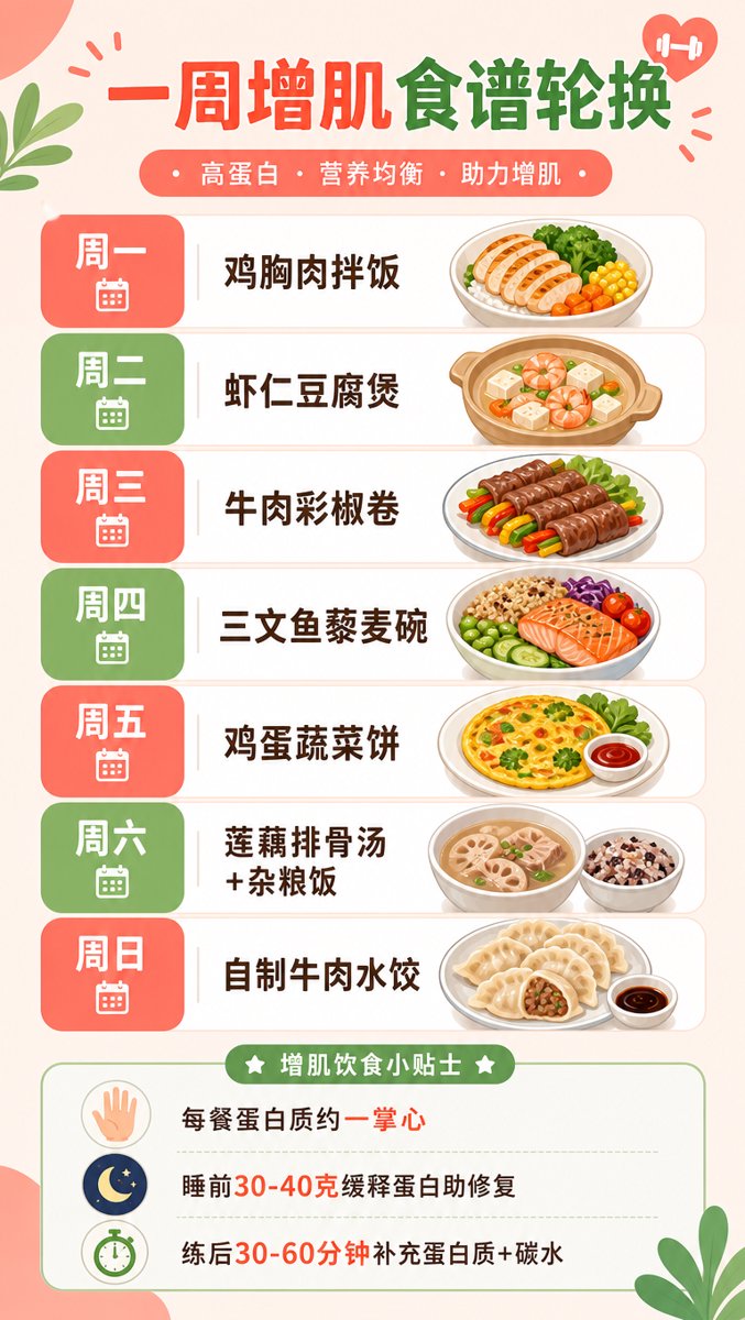 一周增肌食谱轮换信息图:周一鸡胸肉拌饭、周二虾仁豆腐煲、周三牛肉彩椒卷、周四三文鱼藜麦碗、周五鸡蛋蔬菜饼、周六莲藕排骨汤、周日自制牛肉水饺,底部提示每餐一掌心、睡前30-40克缓释蛋白、练后30-60分钟补充
