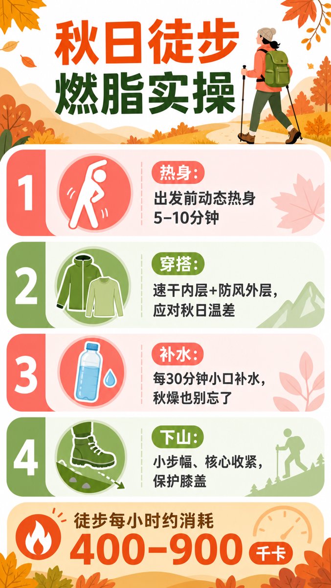 秋日徒步燃脂实操清单:热身5–10分钟、速干加防风分层穿搭、每30分钟补水、下山小步幅护膝