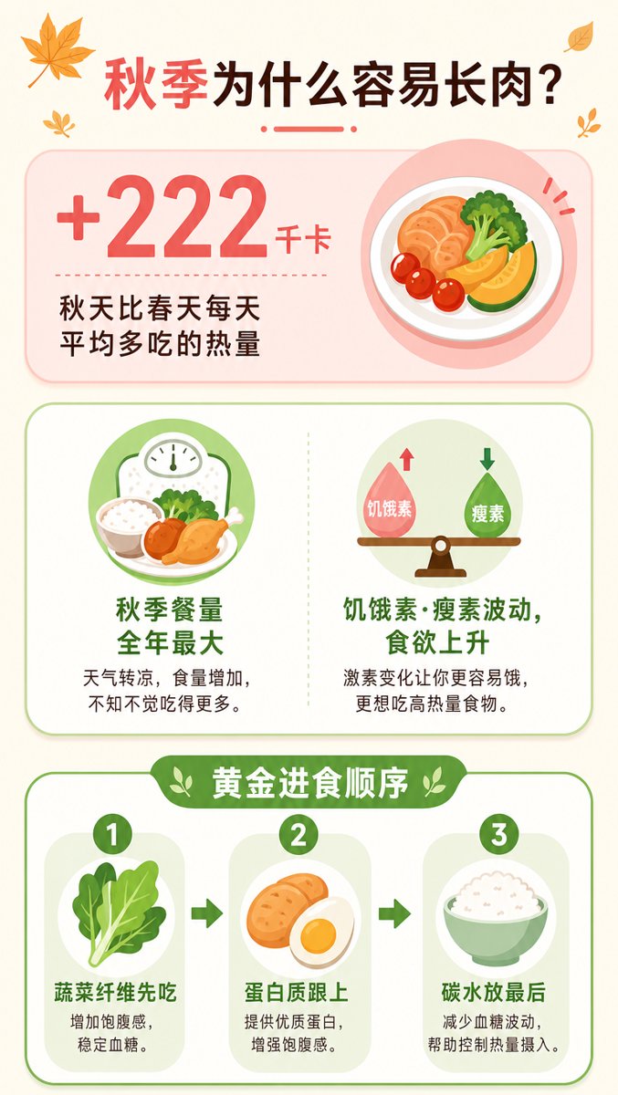 秋季长肉原因信息图:每天多摄入222千卡、秋季餐量全年最大、饥饿素瘦素波动,以及蔬菜纤维先吃、蛋白质跟上、碳水放最后的黄金进食顺序三步图