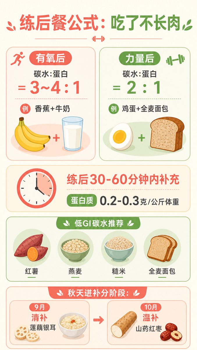 练后餐公式信息图:有氧后碳水蛋白比3~4:1配香蕉牛奶、力量后2:1配鸡蛋全麦面包,练后30-60分钟补充,蛋白质0.2-0.3克每公斤体重,低GI碳水推荐红薯燕麦糙米,秋天9月清补10月温补时间线