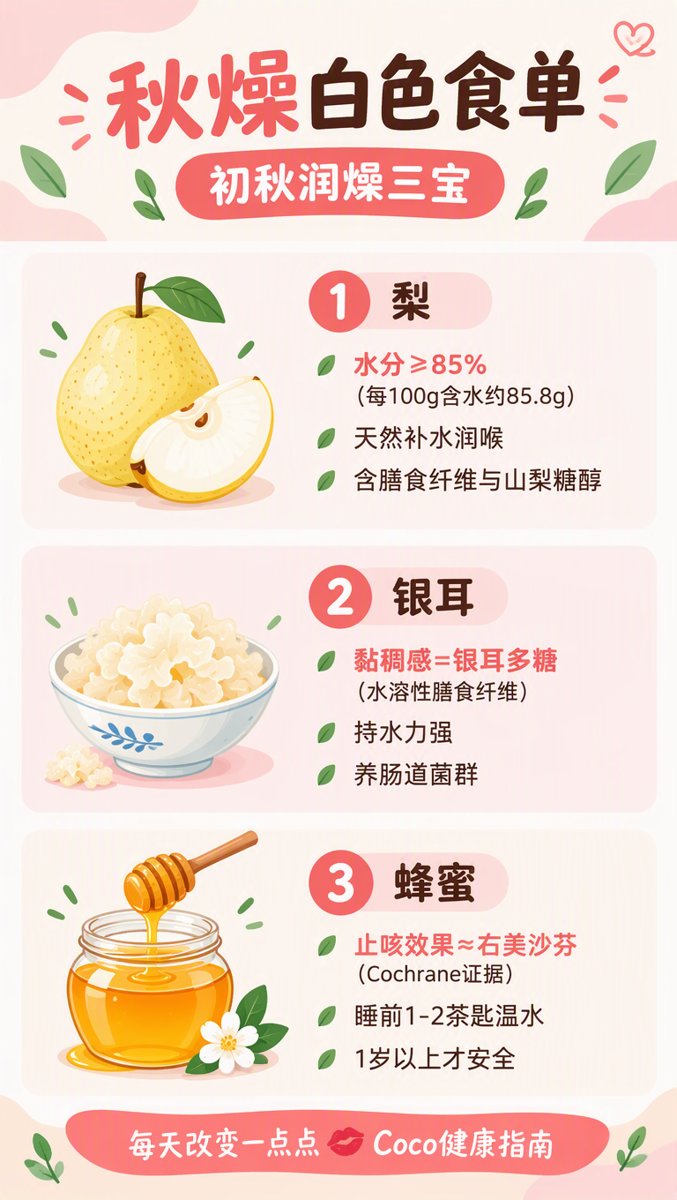 秋燥白色食单信息图:梨(水分≥85%,每100g含水约85.8g,天然补水润喉);银耳(黏稠=银耳多糖,水溶性膳食纤维,持水力强、养肠道菌群);蜂蜜(止咳效果≈右美沙芬,Cochrane证据,睡前1-2茶匙温水,1岁以上才安全)