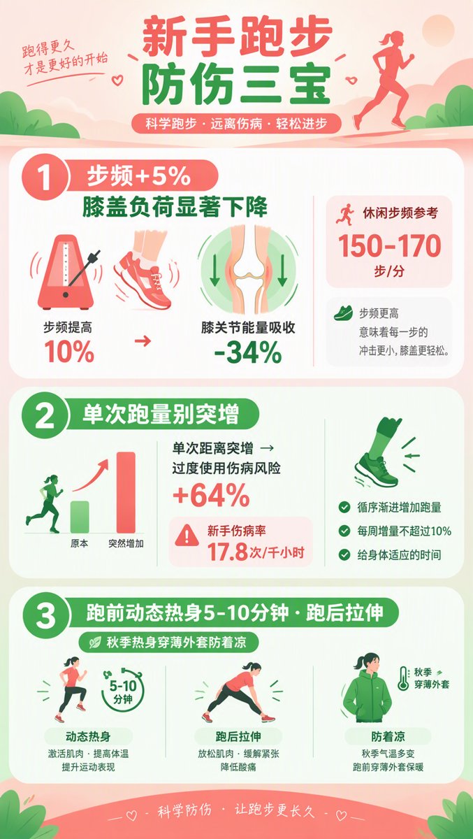 信息图:新手跑步防伤三宝——步频+5%护膝(10%步频提升=膝关节能量吸收-34%)、单次跑量勿突增(风险+64%)、跑前动态热身5-10分钟
