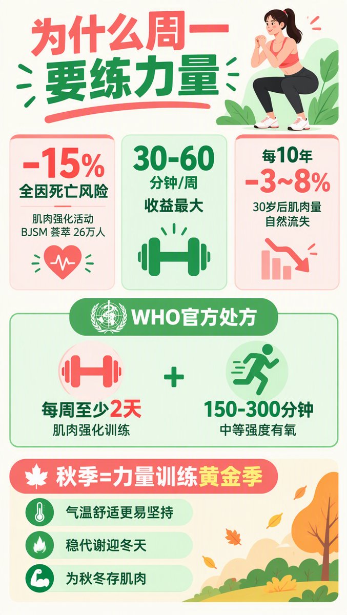 力量训练科学信息图:全因死亡风险-15%(BJSM荟萃26万人)、每周30-60分钟收益最大、30岁后每10年肌肉量流失3-8%,WHO处方每周≥2天力量+150-300分钟有氧,秋季力量训练黄金季