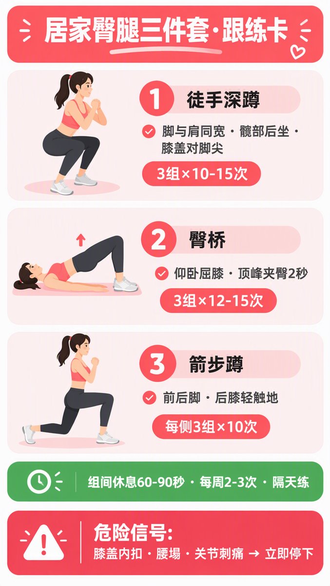 居家臀腿三件套跟练卡信息图:徒手深蹲、臀桥(顶峰夹臀2秒)、箭步蹲三个动作的次数组数与要点,组间休息60-90秒每周2-3次,底部膝盖内扣/腰塌/关节刺痛红色警示