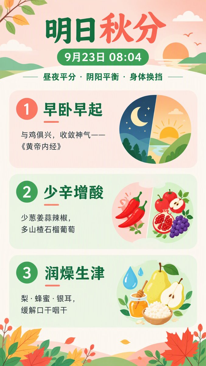 秋分养生三原则信息图:早卧早起、少辛增酸、润燥生津
