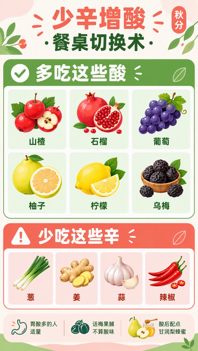 秋分餐桌红黑榜信息图:多吃的酸味食物与少吃的辛辣食物