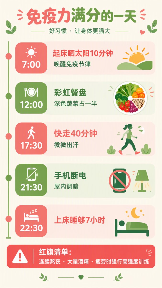 免疫力满分的一天时间表信息图:7点晒太阳、彩虹餐盘、傍晚快走40分钟、21:30手机断电、22:30上床,底部红旗清单