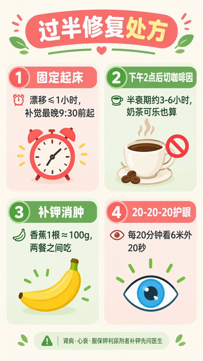 过半修复处方四格信息卡:固定起床、下午2点切咖啡因、香蕉补钾、20-20-20护眼