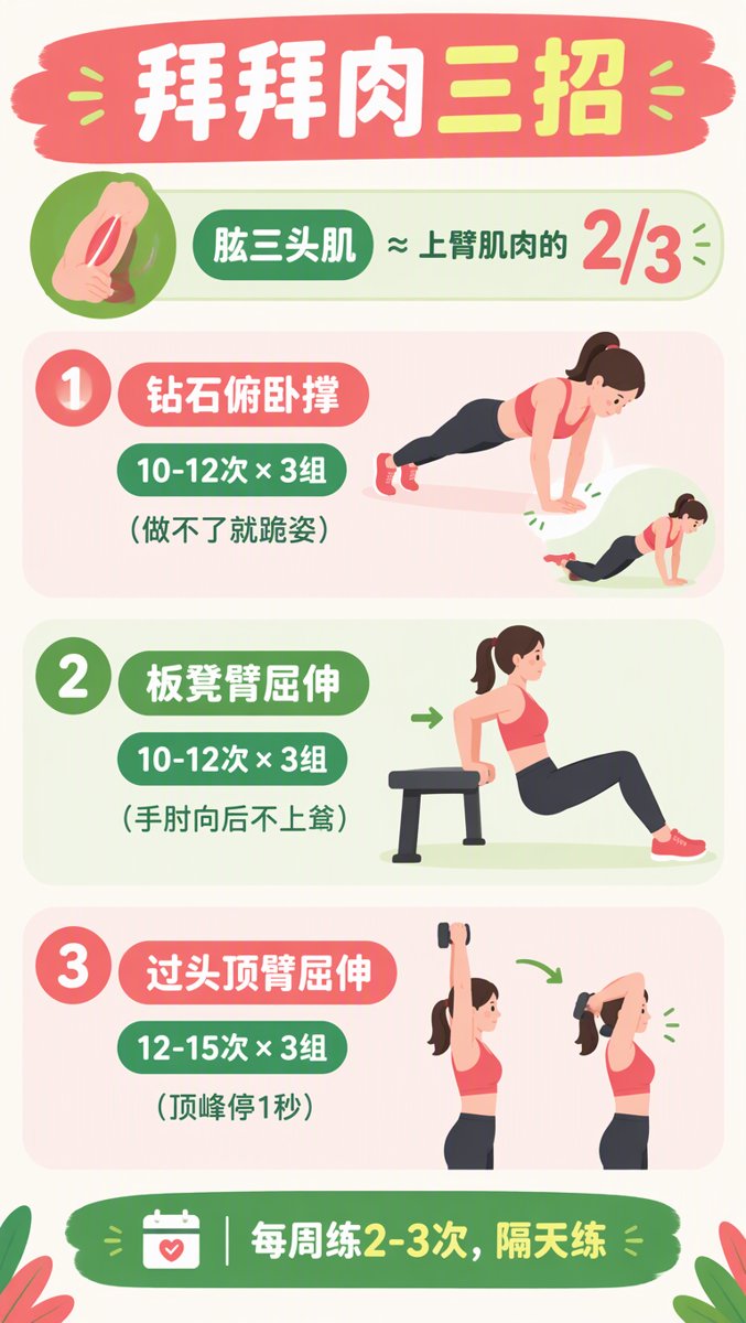 信息图:拜拜肉三招——钻石俯卧撑10-12次×3组、板凳臂屈伸10-12次×3组、过头顶臂屈伸12-15次×3组,每周2-3次