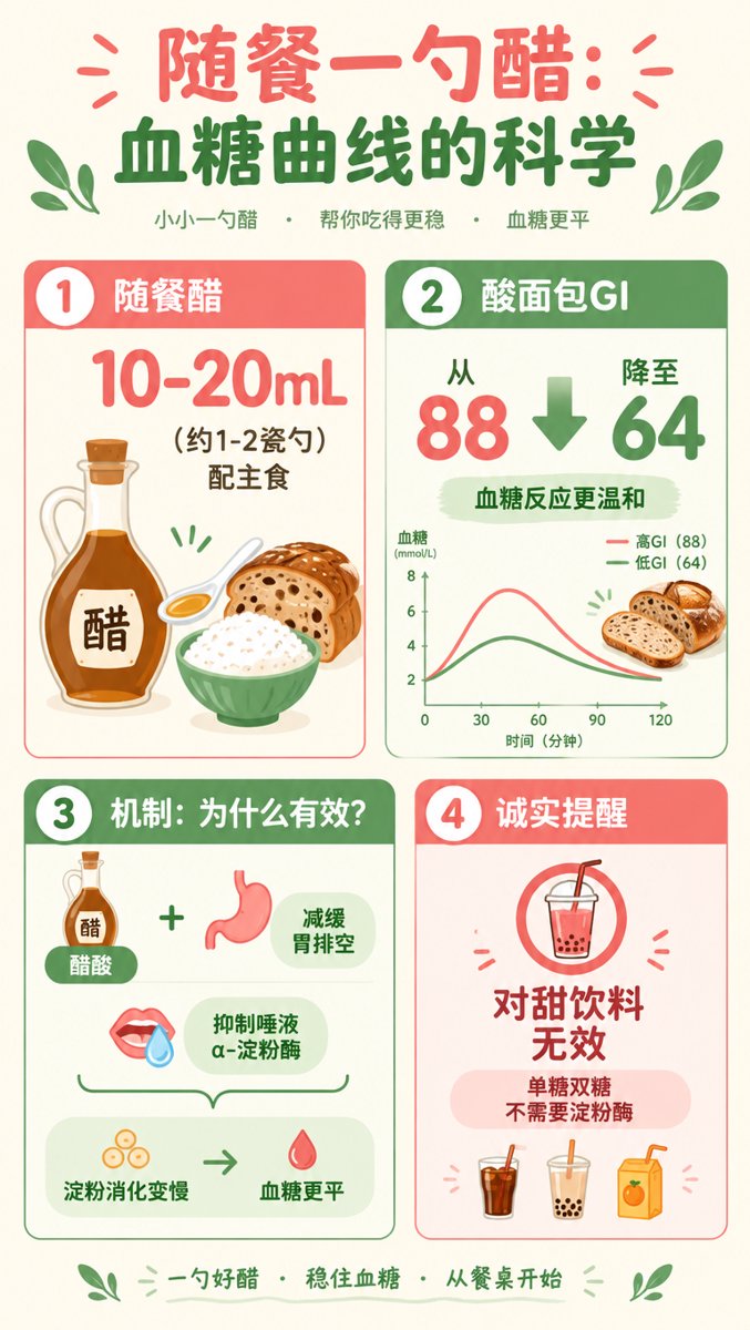 信息图:随餐一勺醋的科学——随餐醋10-20mL配主食、酸面包GI从88降至64、醋酸减缓胃排空+抑制淀粉酶、对甜饮料无效的诚实提醒