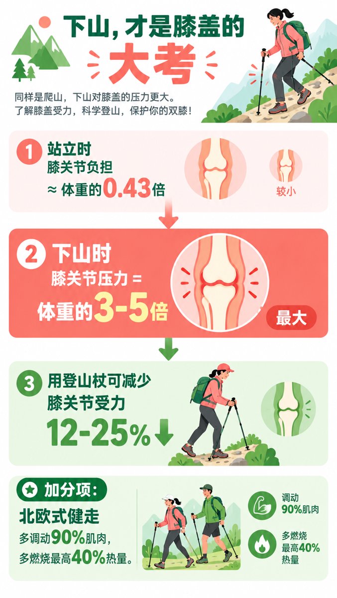 信息图:下山膝盖大考——站立膝关节负担约体重0.43倍、下山膝关节压力可达体重3-5倍、登山杖可减少膝关节受力12-25%、加分项北欧式健走多调动90%肌肉多燃最高40%热量