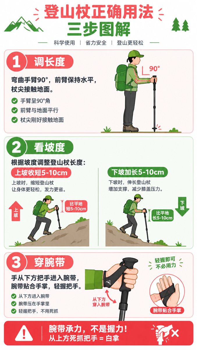 信息图:登山杖三步用法——调长度(前臂抬平90°杖尖触地)、看坡度(上坡缩短5-10cm下坡加长5-10cm杖尖朝前)、穿腕带(从下方穿入带子压掌心轻握),红框警告「承力靠腕带不靠握力」