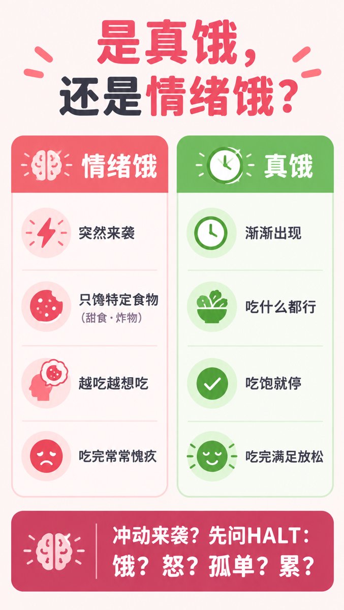 信息图:真饿与情绪饿的四点对照,以及冲动来袭时的HALT四问自检
