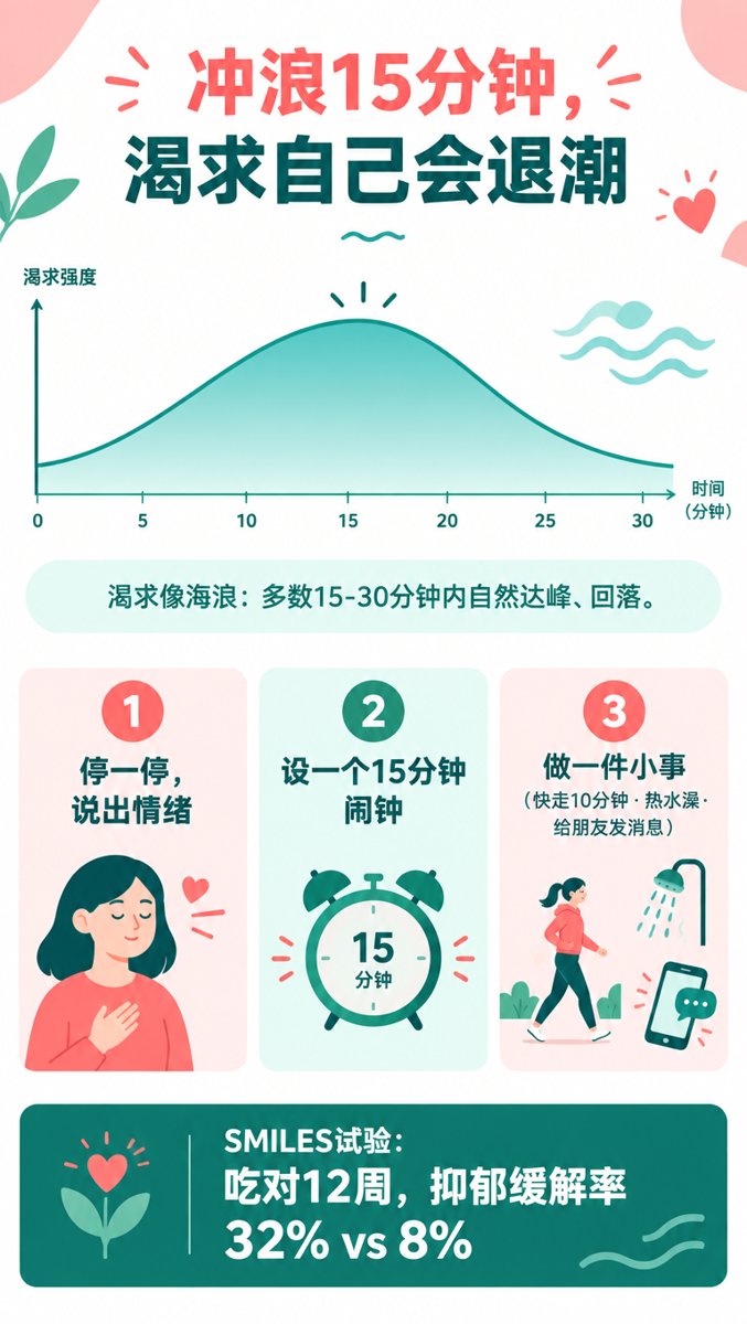 信息图:渴求15-30分钟冲浪曲线、三步自救法与SMILES试验32%对8%的数据横幅