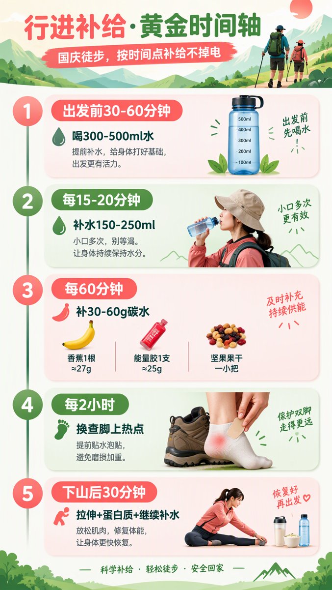 行进补给黄金时间轴信息图:出发前、每15-20分钟、每60分钟、每2小时、下山后的五个补给节点