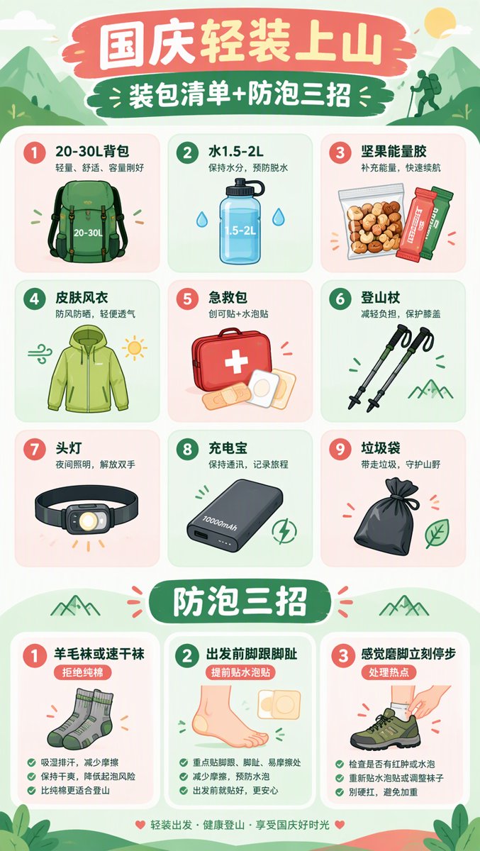 轻装上山装包清单九宫格+防泡三招信息图