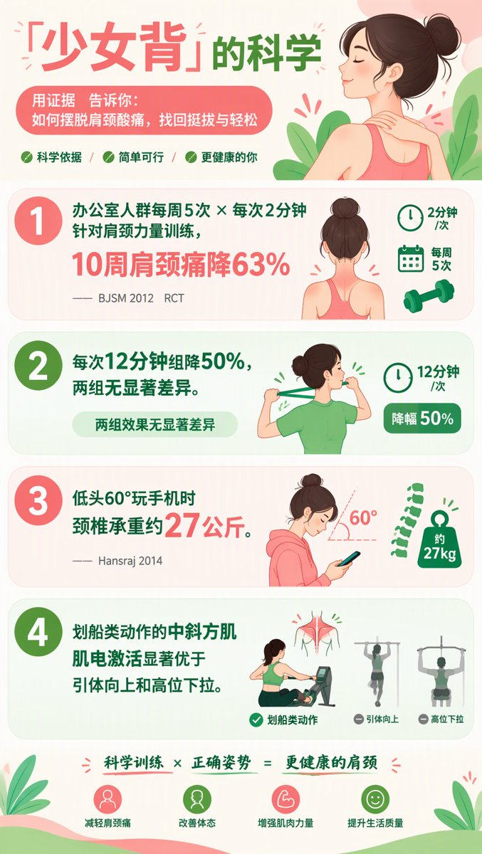 「少女背」的科学信息图:办公室人群每周5次×2分钟力量训练10周肩颈痛降63%(BJSM 2012)、低头60°颈椎承重约27公斤、划船类动作中斜方肌激活更高