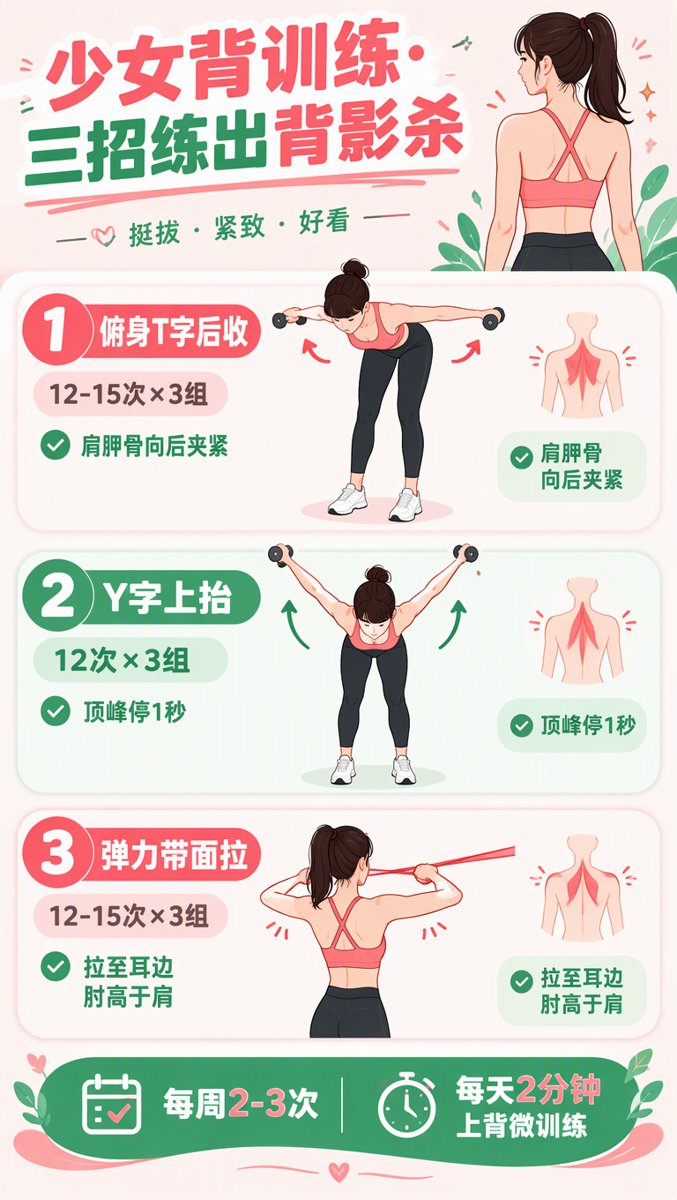 少女背训练三招动作信息图:俯身T字后收12-15次×3组、Y字上抬12次×3组顶峰停1秒、弹力带面拉12-15次×3组,每天2分钟微训练
