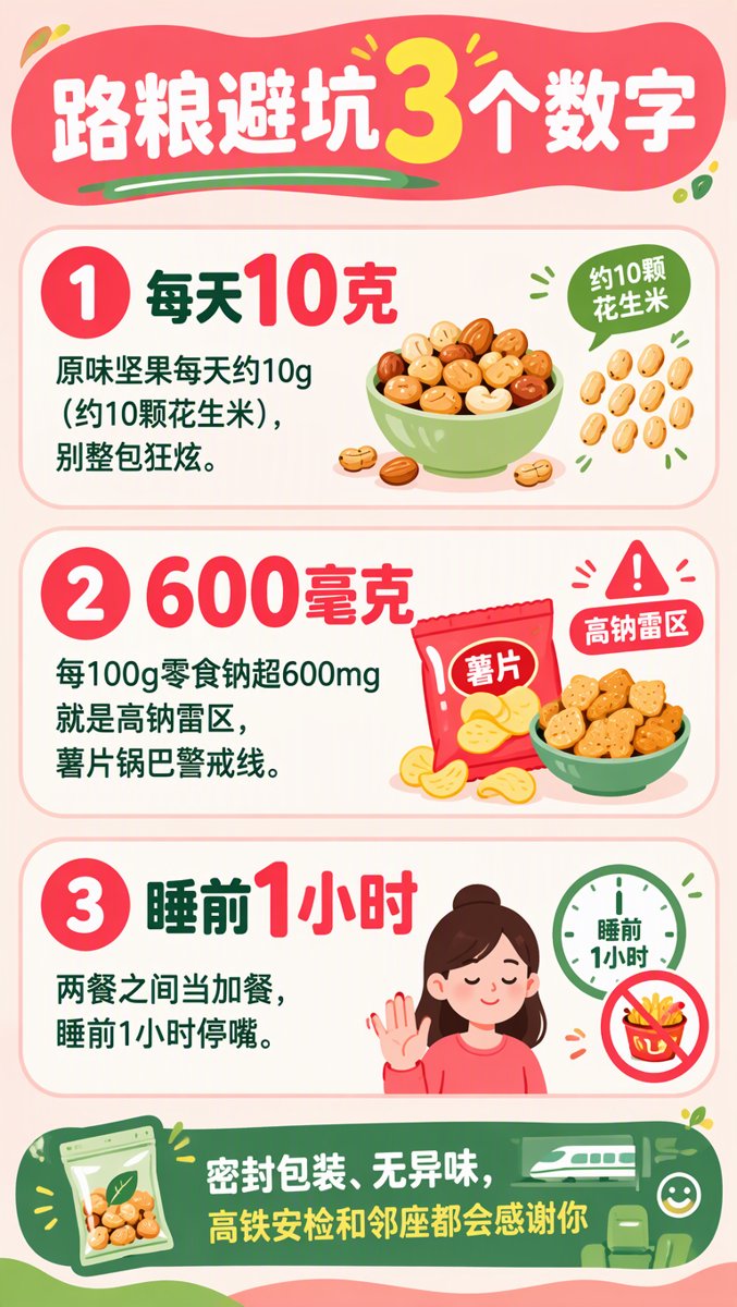 路粮避坑3个数字信息图:坚果每天10克、每100克钠超600毫克即高钠雷区、睡前1小时停嘴,附高铁密封无异味守则