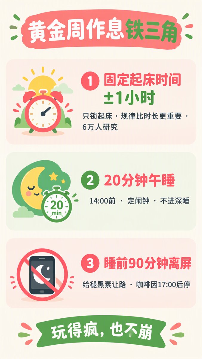 黄金周作息铁三角信息图:固定起床±1小时、20分钟午睡、睡前90分钟离屏三张卡片,底部横幅「玩得疯也不崩」