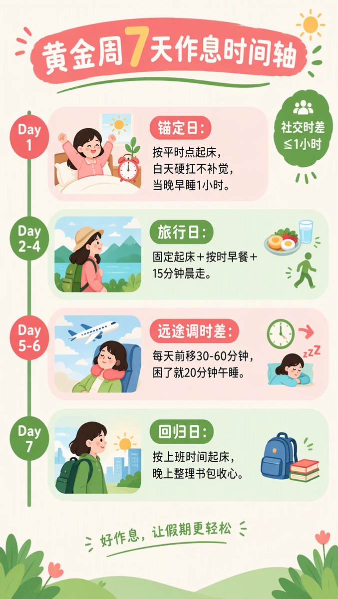 黄金周7天作息时间轴信息图:Day1锚定日到Day7回归日的节点安排,侧边标注「社交时差≤1小时」