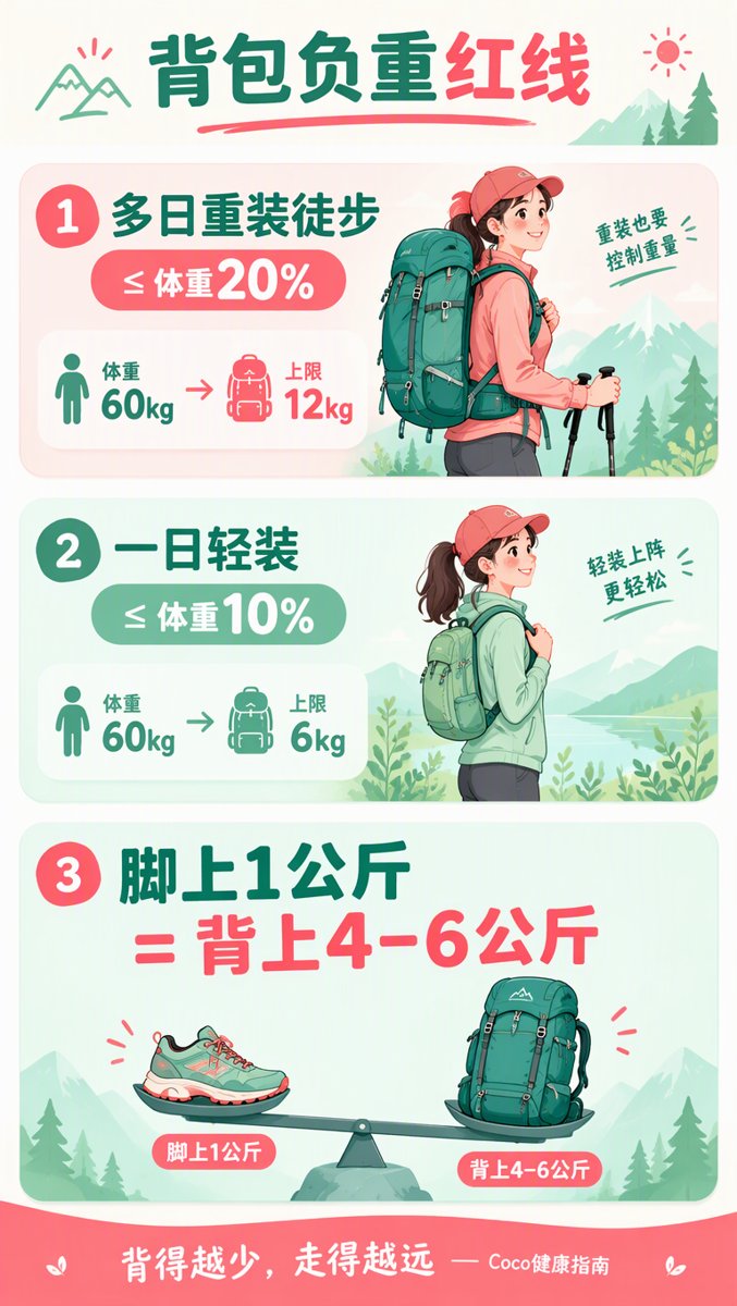 背包负重红线信息图:多日≤体重20%、一日≤体重10%、脚上1公斤=背上4–6公斤