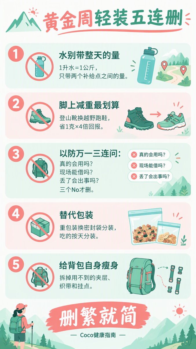 黄金周轻装五连删信息图:水/鞋/以防万一三连问/包装/背包瘦身