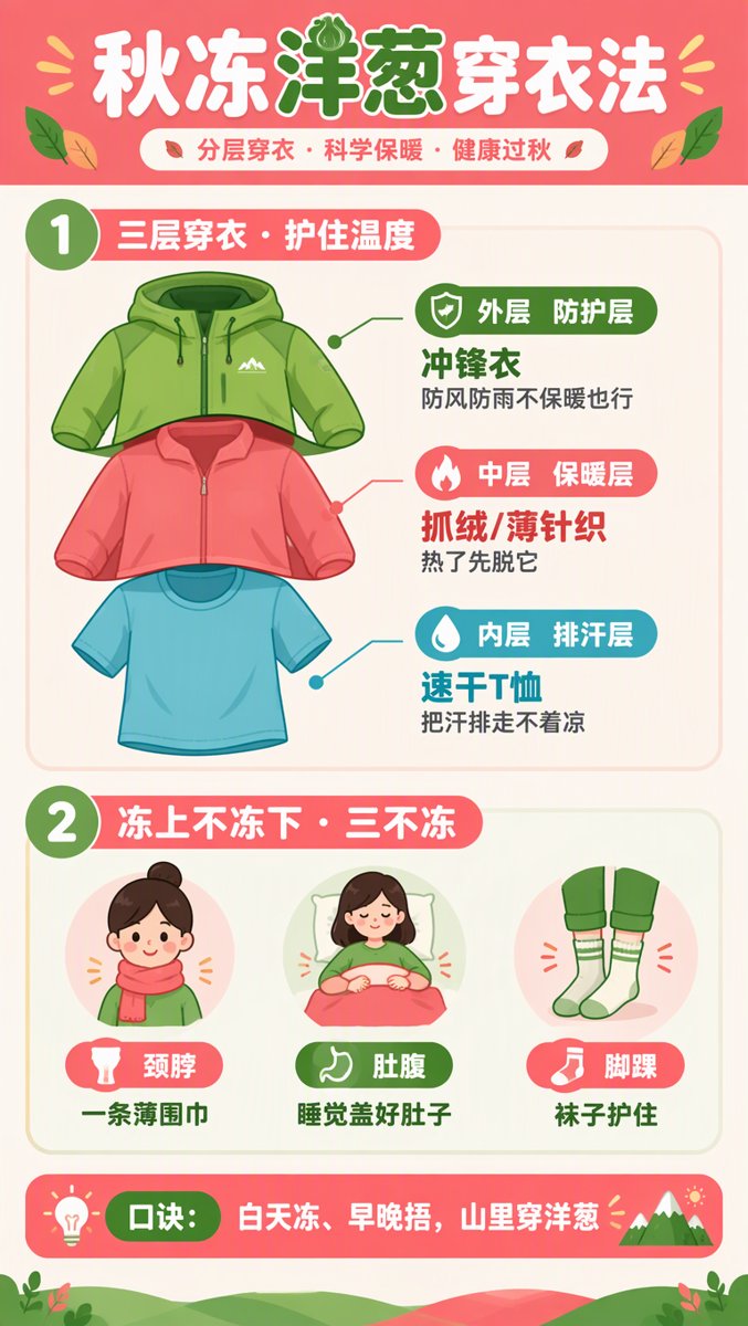 秋冻洋葱穿衣法三层图解:排汗内层+保暖中层+防风外层,以及颈脖、肚腹、脚踝三不冻