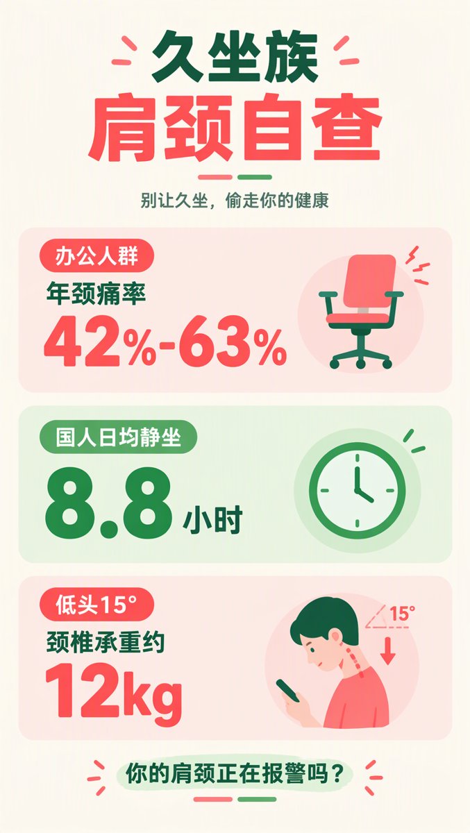 久坐族肩颈自查信息图:办公人群年颈痛率42%-63%、国人日均静坐8.8小时、低头15°颈椎承重约12kg